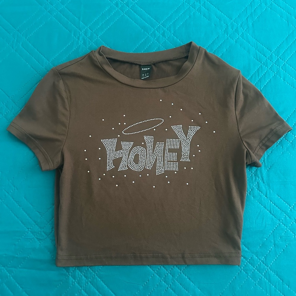 SHEIN Brown “Honey” Rhinestone Crop Top ✨